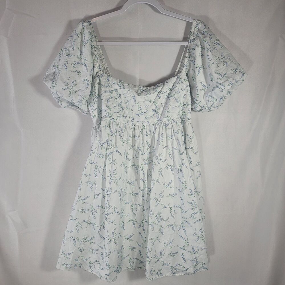 Francesca’s Floral Puff Sleeve Smocked Mini Dress White Blue Size XL Cottagecore